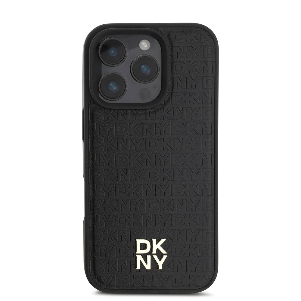 Apple iPhone 16 Pro Max Kılıf DKNY Orjinal Lisanslı M-safe Şarj Özellikli 3D Yazılı Repeat Pattern Kapak Siyah