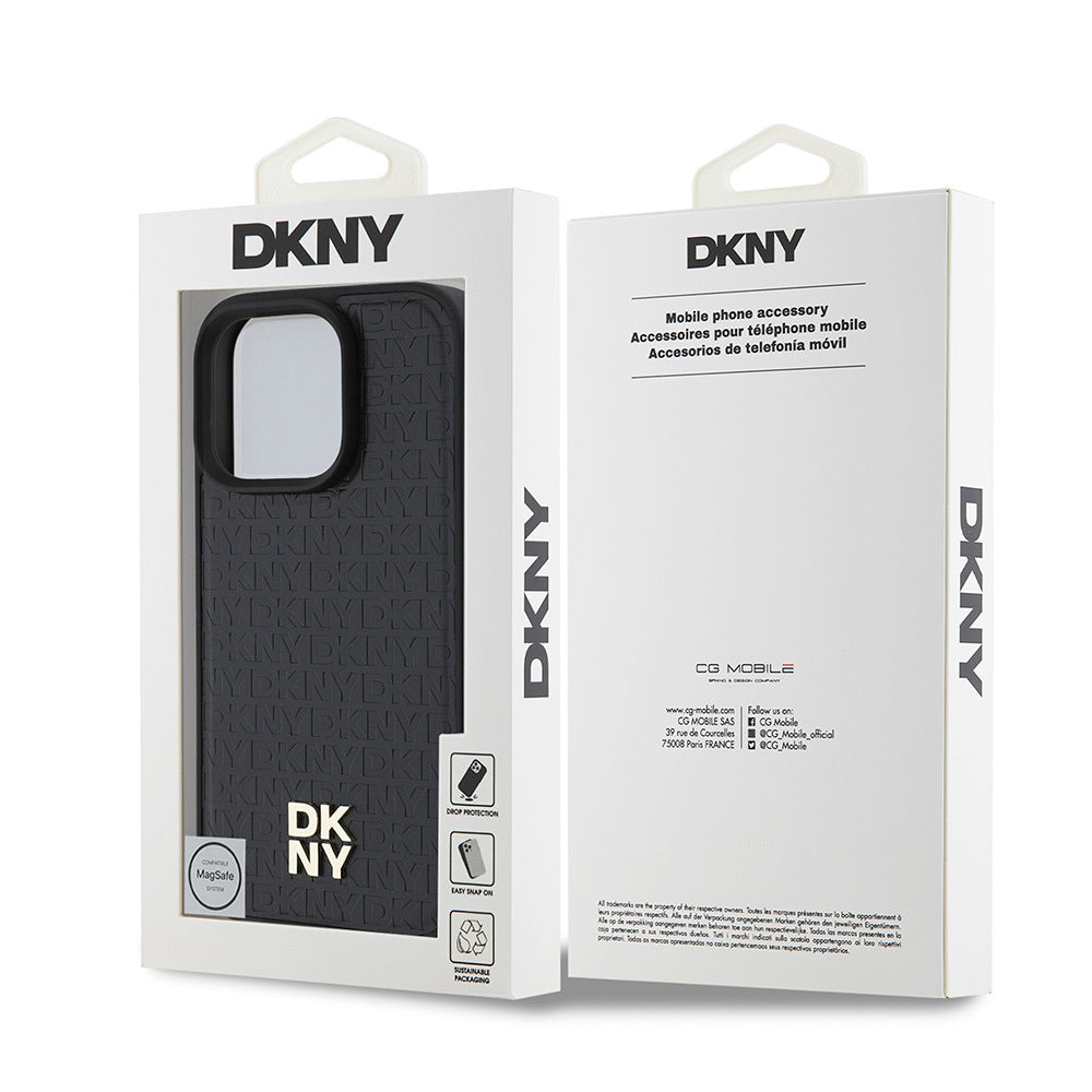 Apple iPhone 16 Pro Max Kılıf DKNY Orjinal Lisanslı M-safe Şarj Özellikli 3D Yazılı Repeat Pattern Kapak Siyah