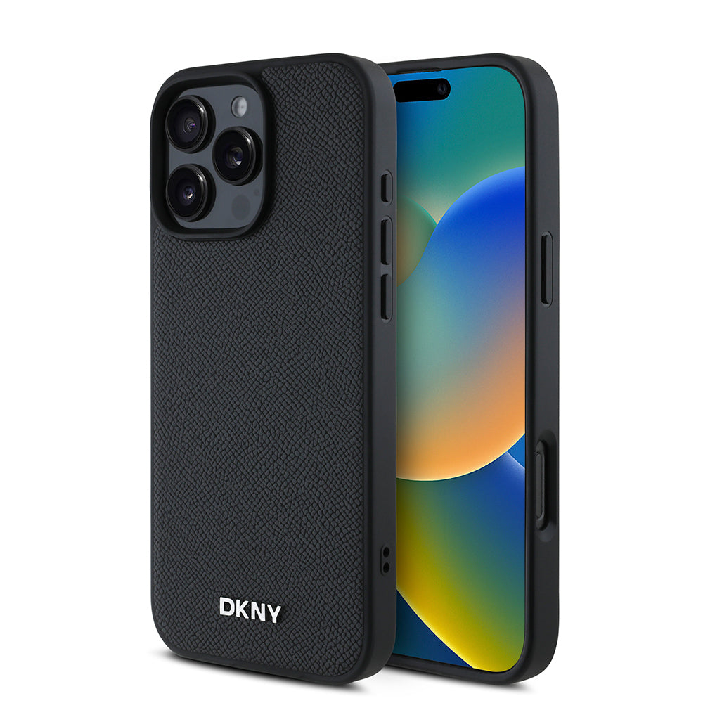 Apple iPhone 16 Pro Max Kılıf DKNY Orjinal Lisanslı M-safe Şarj Özellikli Metal Logolu PU Deri Grained Kapak Siyah