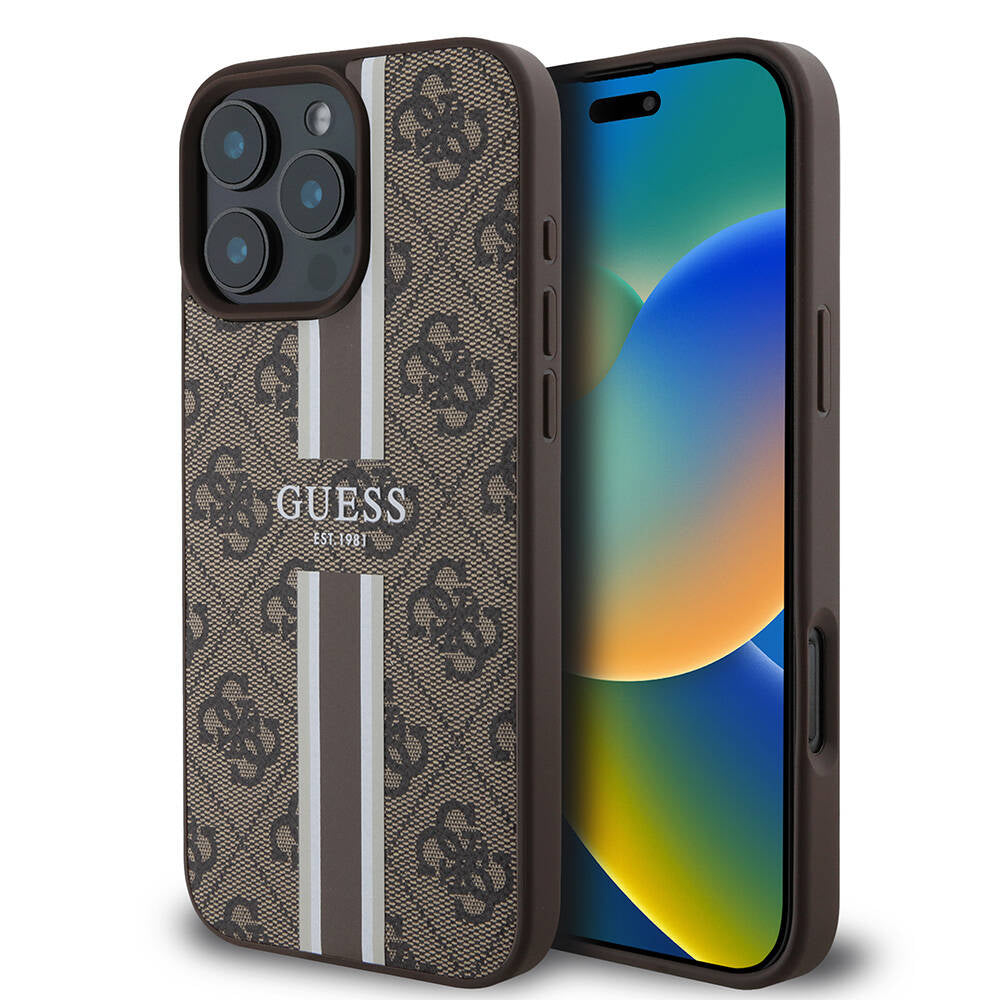 Apple iPhone 16 Pro Max Kılıf Guess Orjinal Lisanslı M-safe Şarj Özellikli 4G Şerit Tasarımlı Printed Kapak Kahverengi