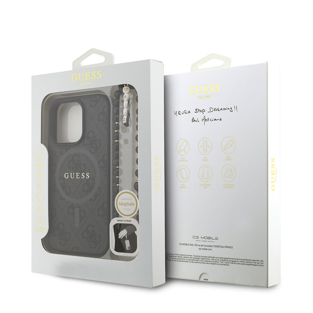 Apple iPhone 16 Pro Max Kılıf Guess Orjinal Lisanslı M-safe Şarj Özellikli PU Deri Bilek Askı İpli Yazı Logolu Kapak Kahverengi