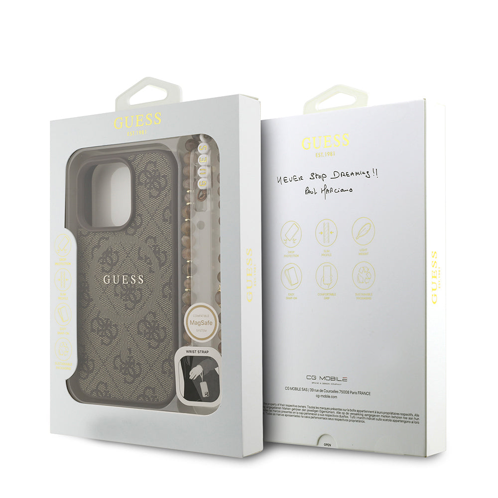 Apple iPhone 16 Pro Max Kılıf Guess Orjinal Lisanslı M-safe Şarj Özellikli PU Deri Bilek Askı İpli Yazı Logolu Kapak Pembe