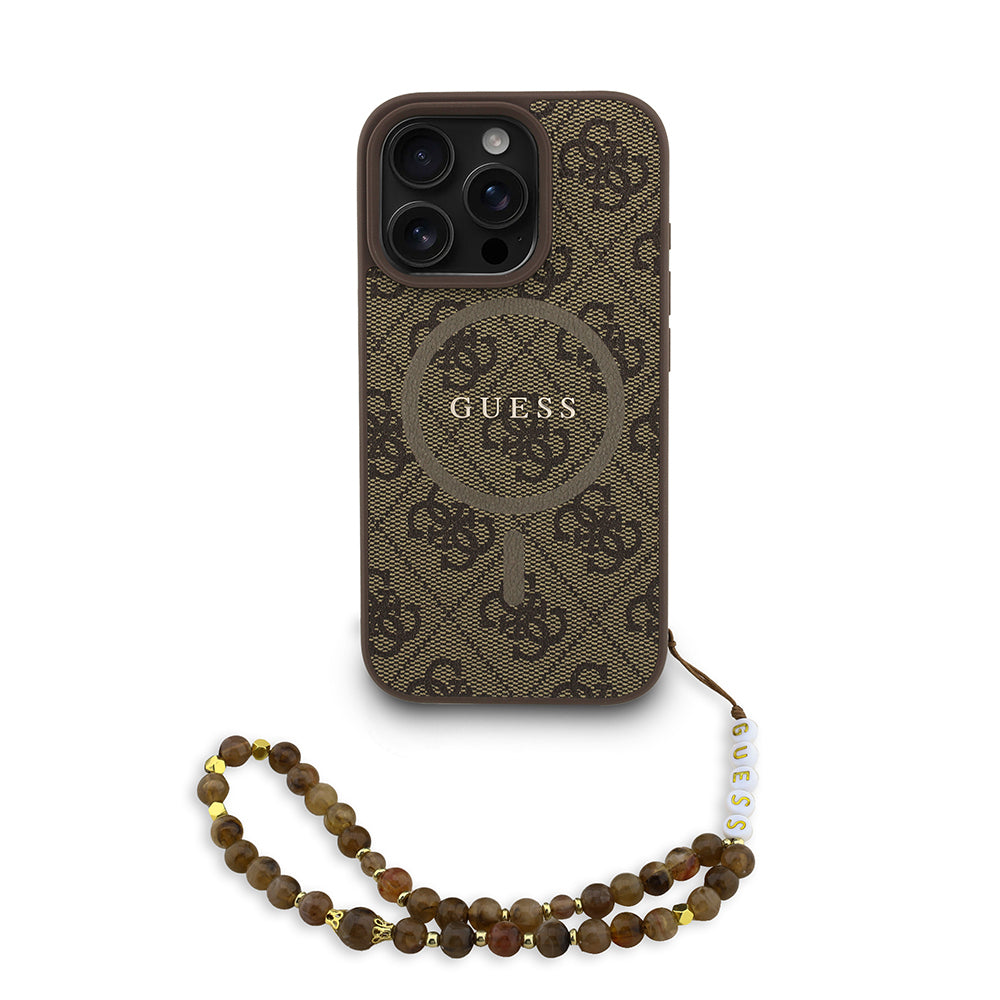 Apple iPhone 16 Pro Max Kılıf Guess Orjinal Lisanslı M-safe Şarj Özellikli PU Deri Bilek Askı İpli Yazı Logolu Kapak Kahverengi