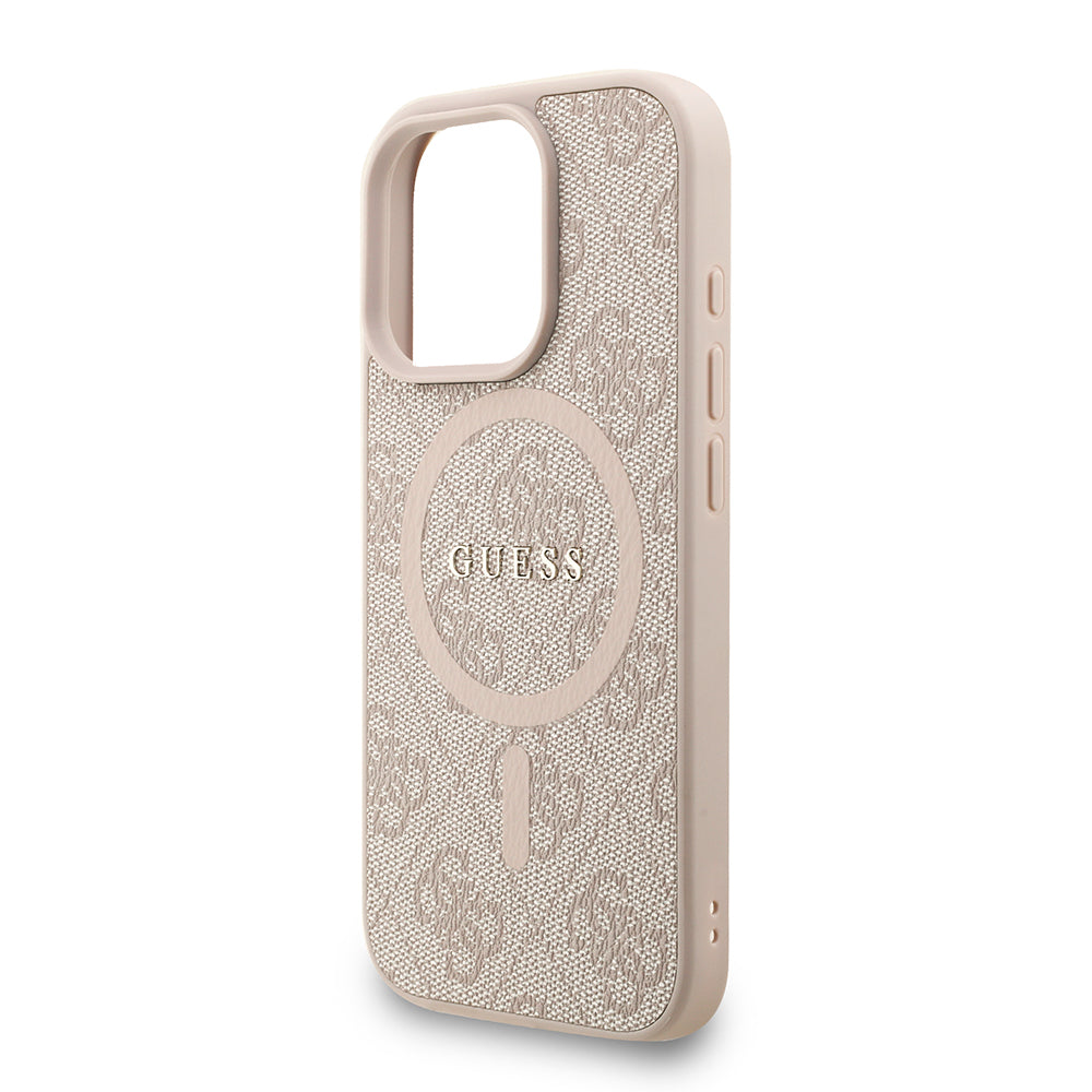 Apple iPhone 16 Pro Max Kılıf Guess Orjinal Lisanslı M-safe Şarj Özellikli PU Deri Bilek Askı İpli Yazı Logolu Kapak Pembe