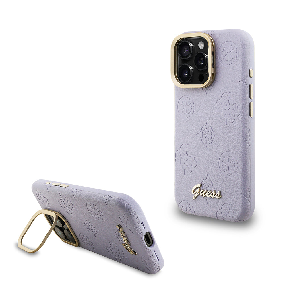 Apple iPhone 16 Pro Max Kılıf Guess Orjinal Lisanslı M-safe Şarj Özellikli Sıcak Baskılı Yazı Logolu Kamera Standlı PU Deri Peony Kapak Siyah