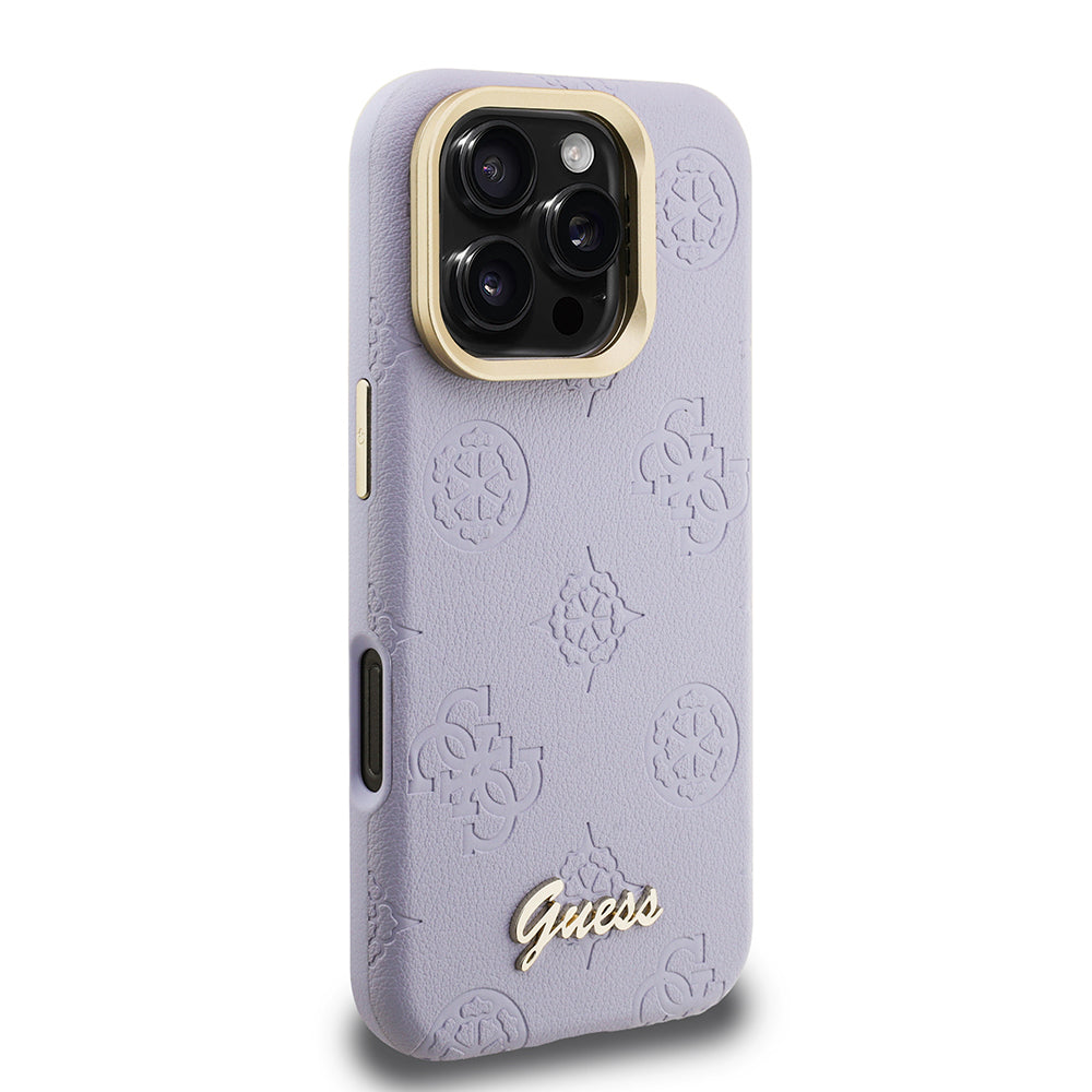 Apple iPhone 16 Pro Max Kılıf Guess Orjinal Lisanslı M-safe Şarj Özellikli Sıcak Baskılı Yazı Logolu Kamera Standlı PU Deri Peony Kapak Bej