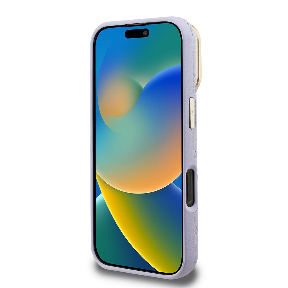 Apple iPhone 16 Pro Max Kılıf Guess Orjinal Lisanslı M-safe Şarj Özellikli Sıcak Baskılı Yazı Logolu Kamera Standlı PU Deri Peony Kapak Mor