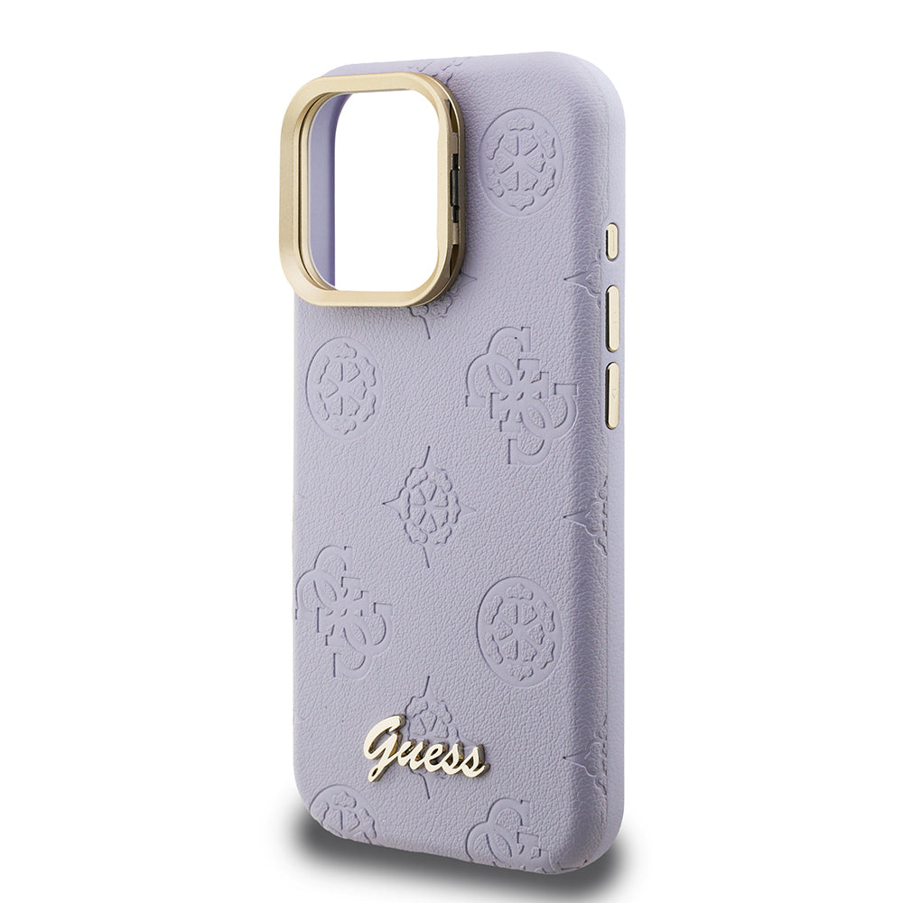 Apple iPhone 16 Pro Max Kılıf Guess Orjinal Lisanslı M-safe Şarj Özellikli Sıcak Baskılı Yazı Logolu Kamera Standlı PU Deri Peony Kapak Bej