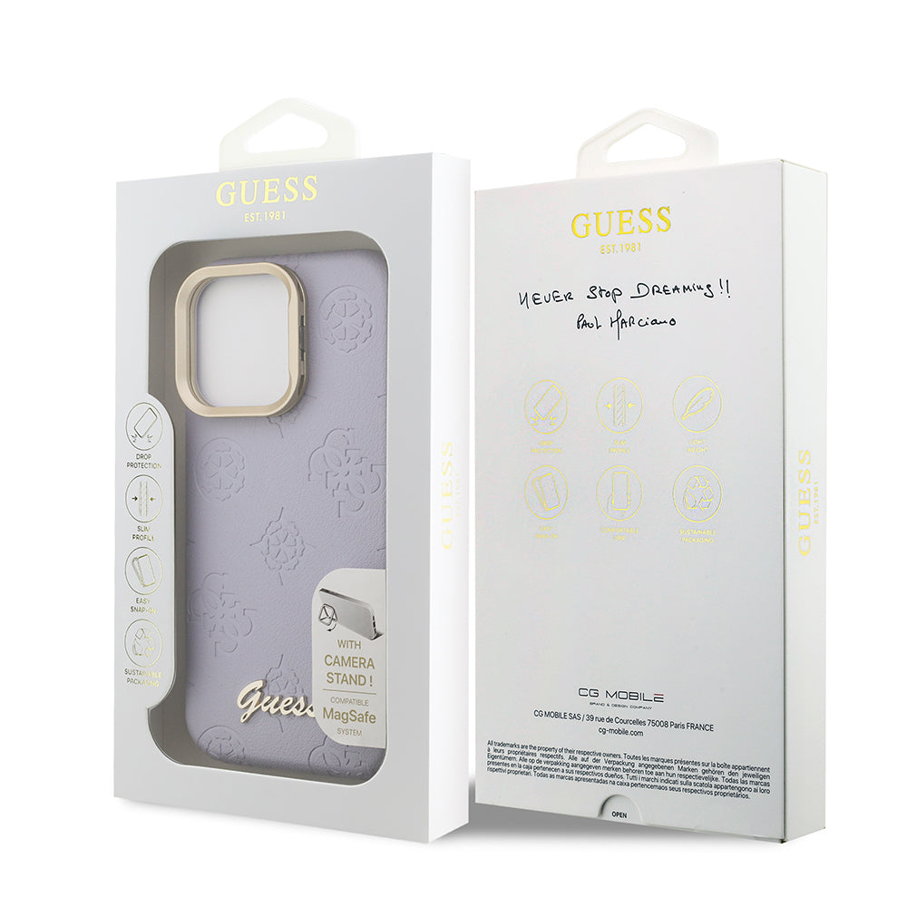 Apple iPhone 16 Pro Max Kılıf Guess Orjinal Lisanslı M-safe Şarj Özellikli Sıcak Baskılı Yazı Logolu Kamera Standlı PU Deri Peony Kapak Bej