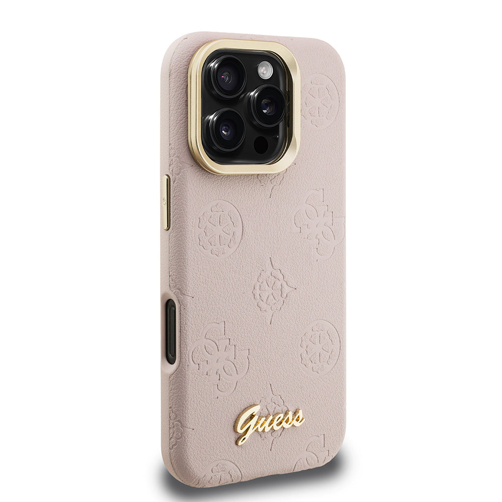 Apple iPhone 16 Pro Max Kılıf Guess Orjinal Lisanslı M-safe Şarj Özellikli Sıcak Baskılı Yazı Logolu Kamera Standlı PU Deri Peony Kapak Bej