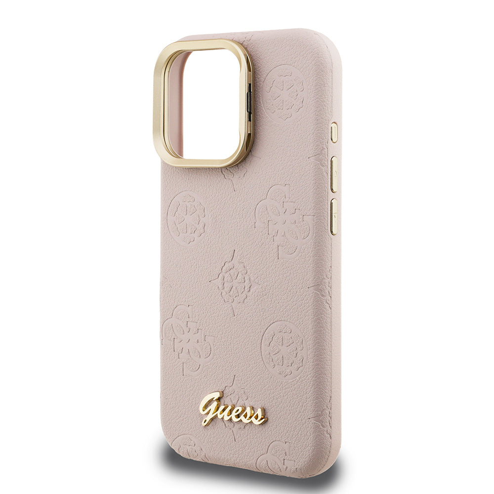 Apple iPhone 16 Pro Max Kılıf Guess Orjinal Lisanslı M-safe Şarj Özellikli Sıcak Baskılı Yazı Logolu Kamera Standlı PU Deri Peony Kapak Siyah