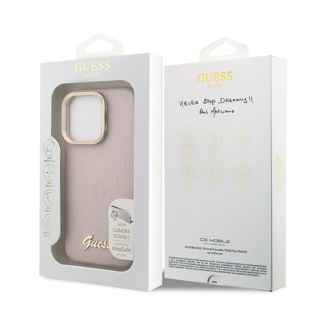 Apple iPhone 16 Pro Max Kılıf Guess Orjinal Lisanslı M-safe Şarj Özellikli Sıcak Baskılı Yazı Logolu Kamera Standlı PU Deri Peony Kapak Mor