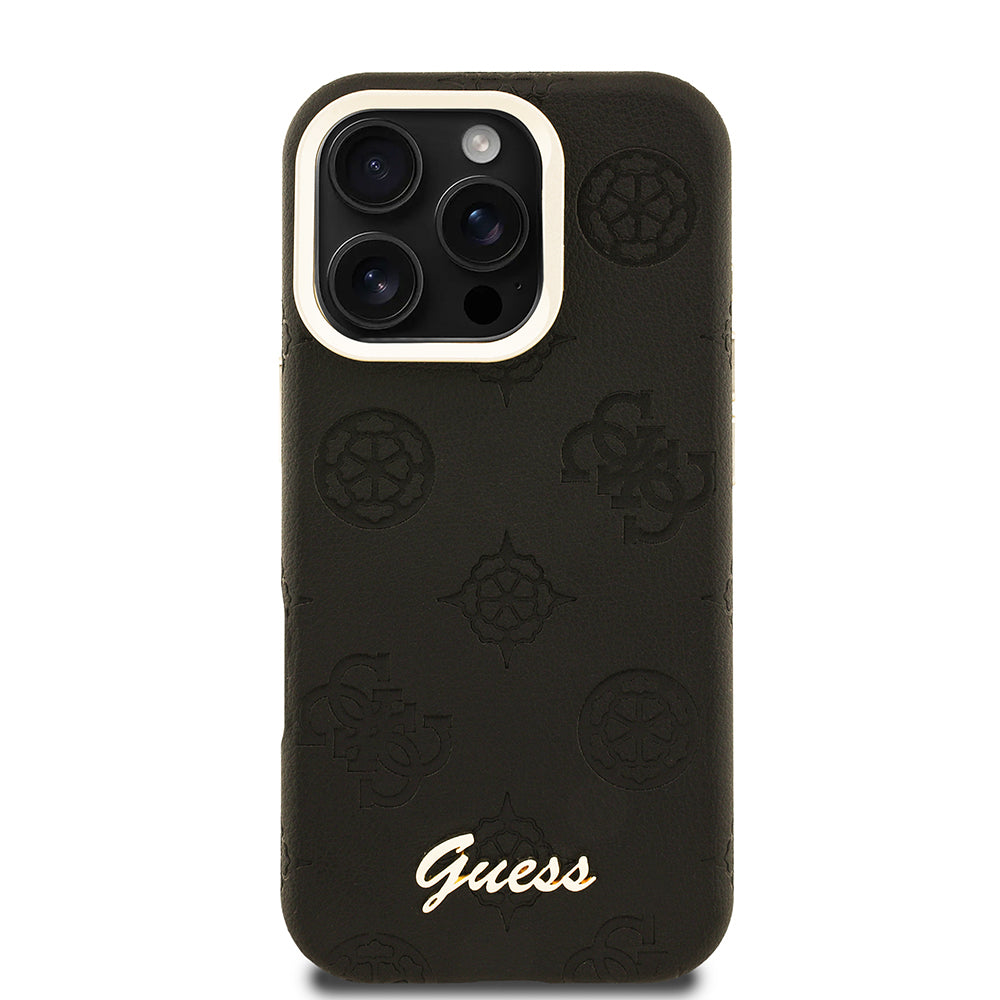 Apple iPhone 16 Pro Max Kılıf Guess Orjinal Lisanslı M-safe Şarj Özellikli Sıcak Baskılı Yazı Logolu Kamera Standlı PU Deri Peony Kapak Bej