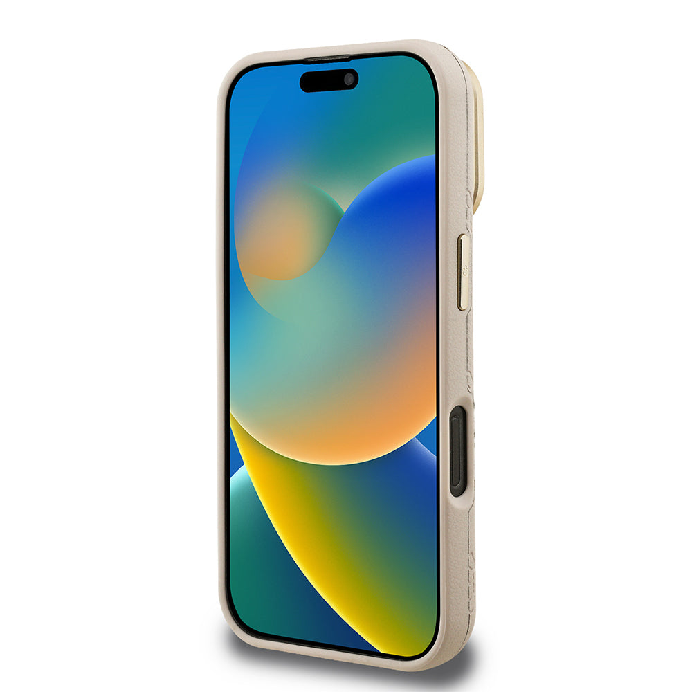 Apple iPhone 16 Pro Max Kılıf Guess Orjinal Lisanslı M-safe Şarj Özellikli Sıcak Baskılı Yazı Logolu Kamera Standlı PU Deri Peony Kapak Pembe