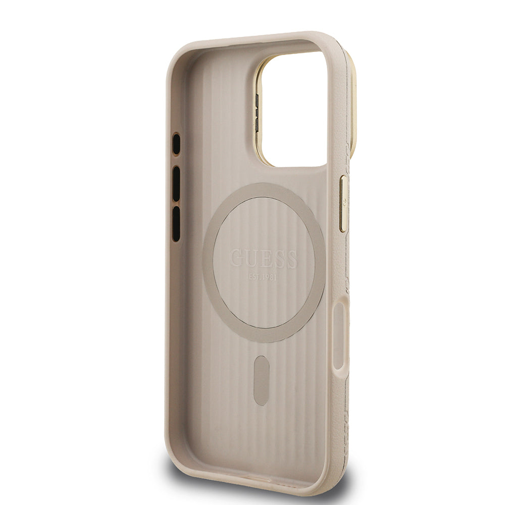 Apple iPhone 16 Pro Max Kılıf Guess Orjinal Lisanslı M-safe Şarj Özellikli Sıcak Baskılı Yazı Logolu Kamera Standlı PU Deri Peony Kapak Siyah