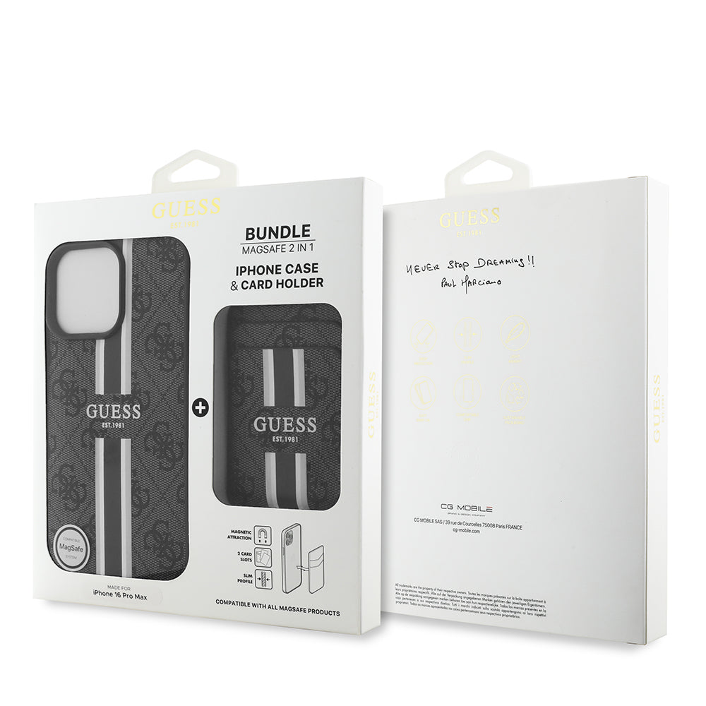 Apple iPhone 16 Pro Max Kılıf Guess Orjinal Lisanslı M-safe Şarj Özellikli 4G Desenli Çizgili Kartlıklı Kapak Kahverengi