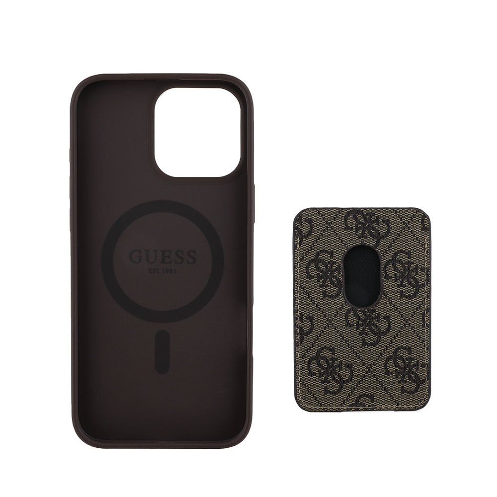 Apple iPhone 16 Pro Max Kılıf Guess Orjinal Lisanslı M-safe Şarj Özellikli 4G Desenli Çizgili Kartlıklı Kapak Kahverengi