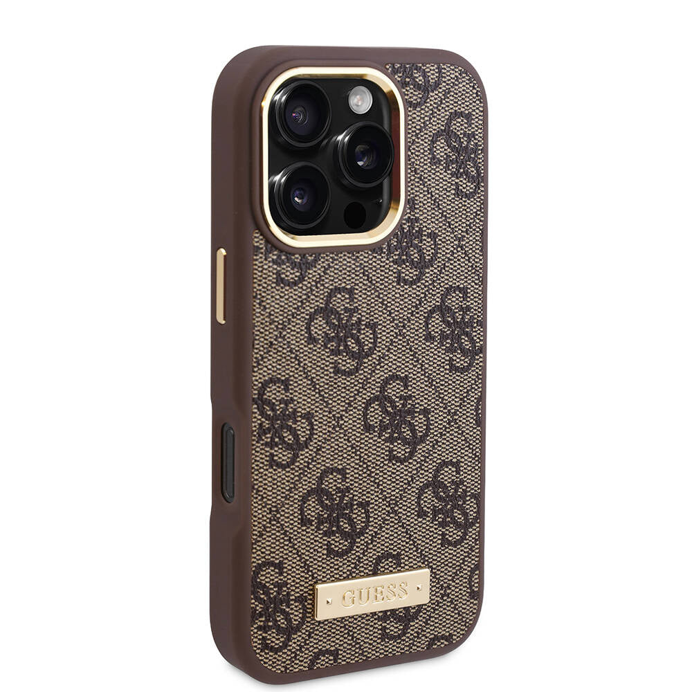 Apple iPhone 16 Pro Max Kılıf Guess Orjinal Lisanslı M-safe Şarj Özellikli 4G Desenli PU Metal Plaka Klasik Logolu Kapak Pembe