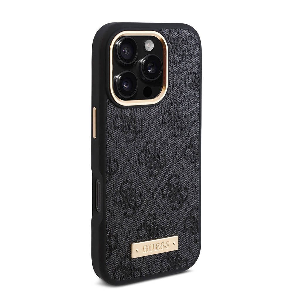 Apple iPhone 16 Pro Max Kılıf Guess Orjinal Lisanslı M-safe Şarj Özellikli 4G Desenli PU Metal Plaka Klasik Logolu Kapak Kahverengi