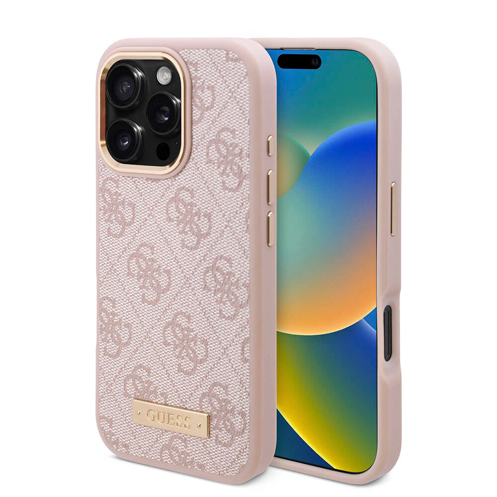 Apple iPhone 16 Pro Max Kılıf Guess Orjinal Lisanslı M-safe Şarj Özellikli 4G Desenli PU Metal Plaka Klasik Logolu Kapak Pembe