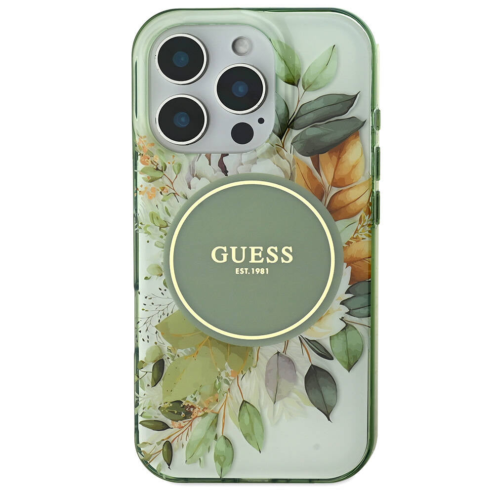 Apple iPhone 16 Pro Max Kılıf Guess Orjinal Lisanslı M-safe Şarj Özellikli Flower Tonal Circle Kapak Yeşil