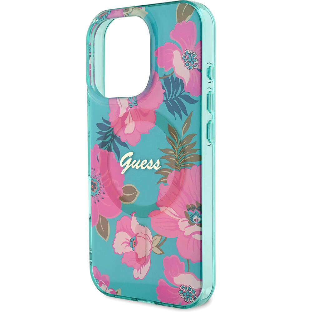 Apple iPhone 16 Pro Max Kılıf Guess Orjinal Lisanslı M-safe Şarj Özellikli Flower Tone On Tone Ring Kapak Pembe