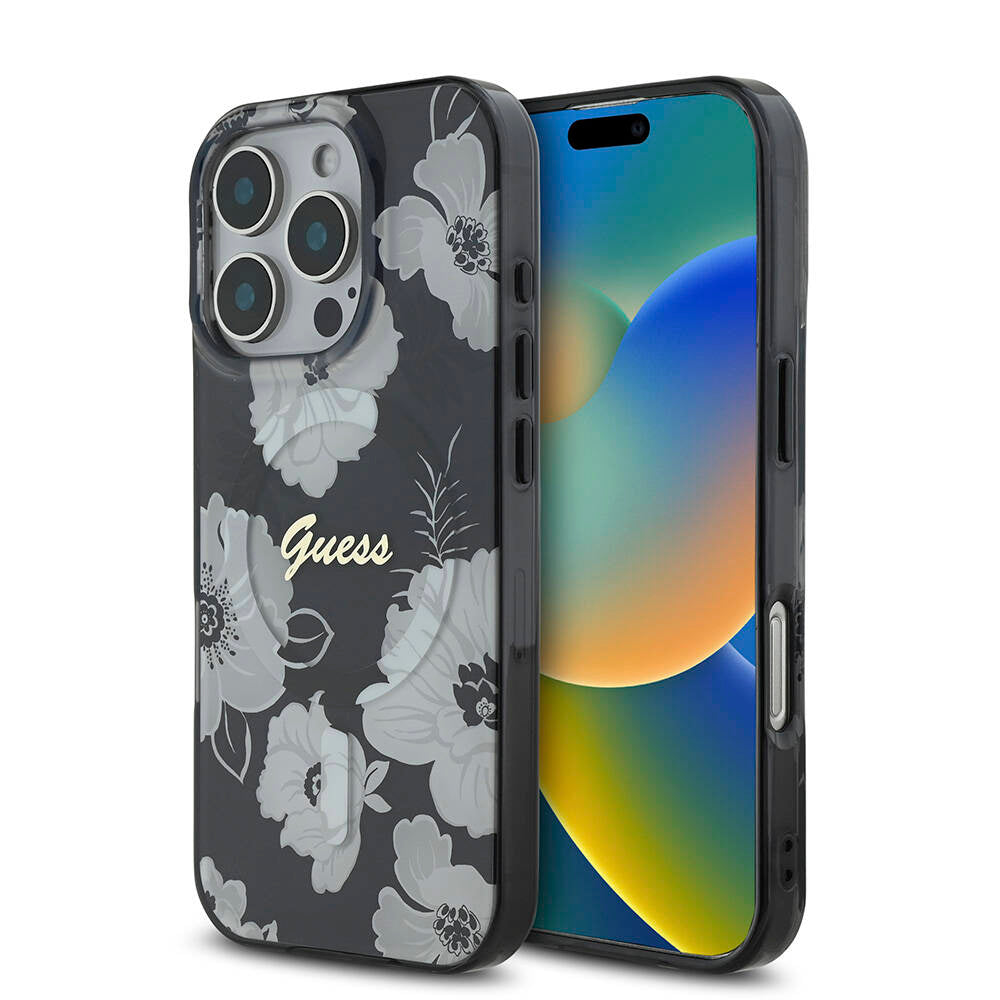 Apple iPhone 16 Pro Max Kılıf Guess Orjinal Lisanslı M-safe Şarj Özellikli Flower Tone On Tone Ring Kapak Pembe