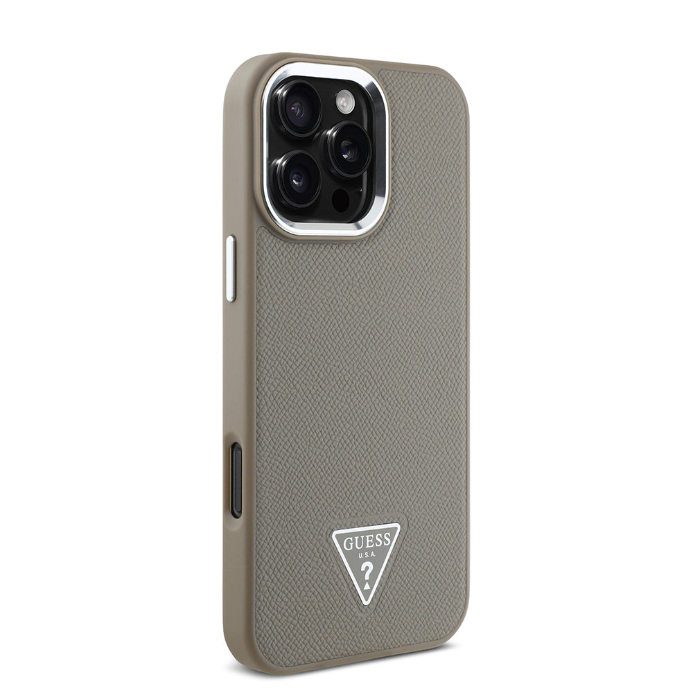 Apple iPhone 16 Pro Max Kılıf Guess Orjinal Lisanslı M-safe Şarj Özellikli Grained Triangle Kapak Kahverengi