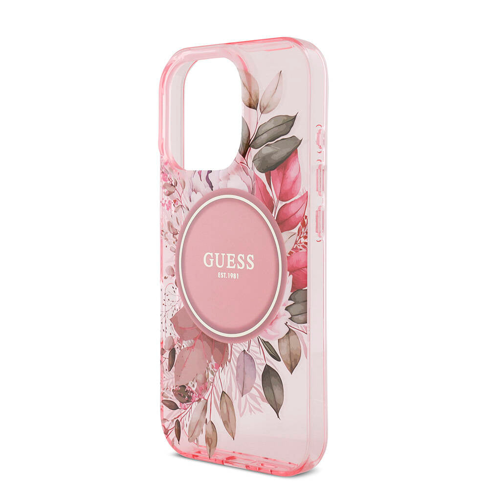 Apple iPhone 16 Pro Max Kılıf Guess Orjinal Lisanslı M-safe Şarj Özellikli IML Baskılı Çiçek İnci Bileklikli Kapak Pembe