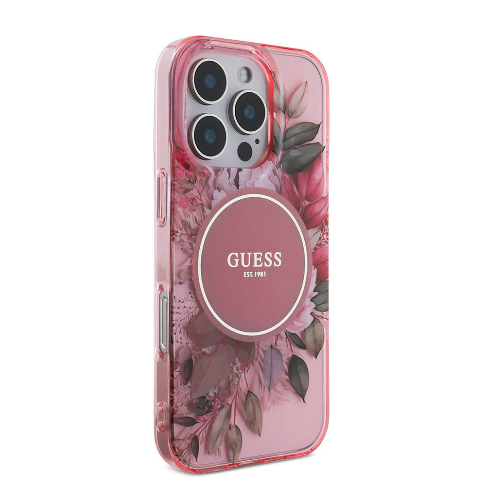 Apple iPhone 16 Pro Max Kılıf Guess Orjinal Lisanslı M-safe Şarj Özellikli IML Baskılı Çiçek İnci Bileklikli Kapak Siyah