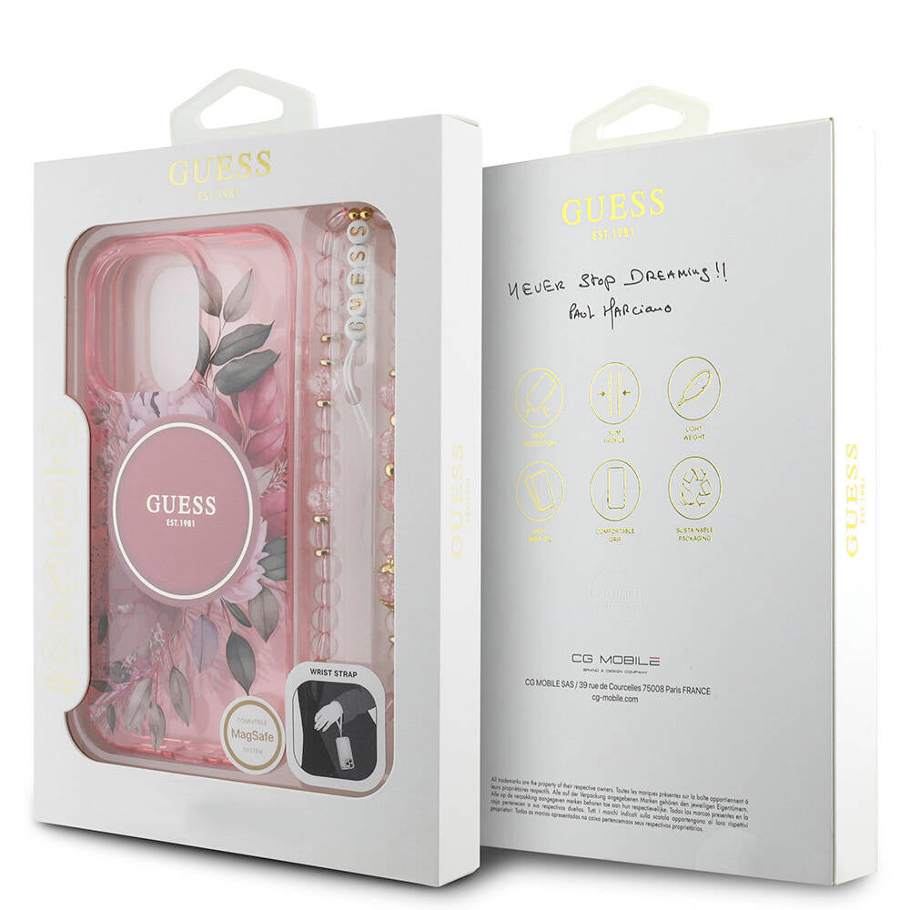 Apple iPhone 16 Pro Max Kılıf Guess Orjinal Lisanslı M-safe Şarj Özellikli IML Baskılı Çiçek İnci Bileklikli Kapak Mor