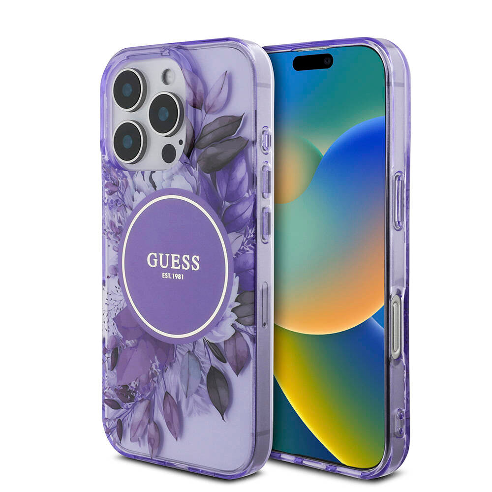 Apple iPhone 16 Pro Max Kılıf Guess Orjinal Lisanslı M-safe Şarj Özellikli IML Baskılı Çiçek İnci Bileklikli Kapak Pembe