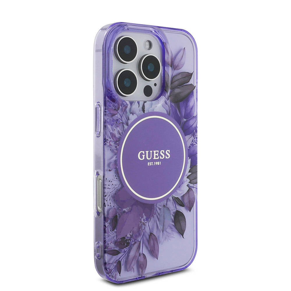 Apple iPhone 16 Pro Max Kılıf Guess Orjinal Lisanslı M-safe Şarj Özellikli IML Baskılı Çiçek İnci Bileklikli Kapak Pembe