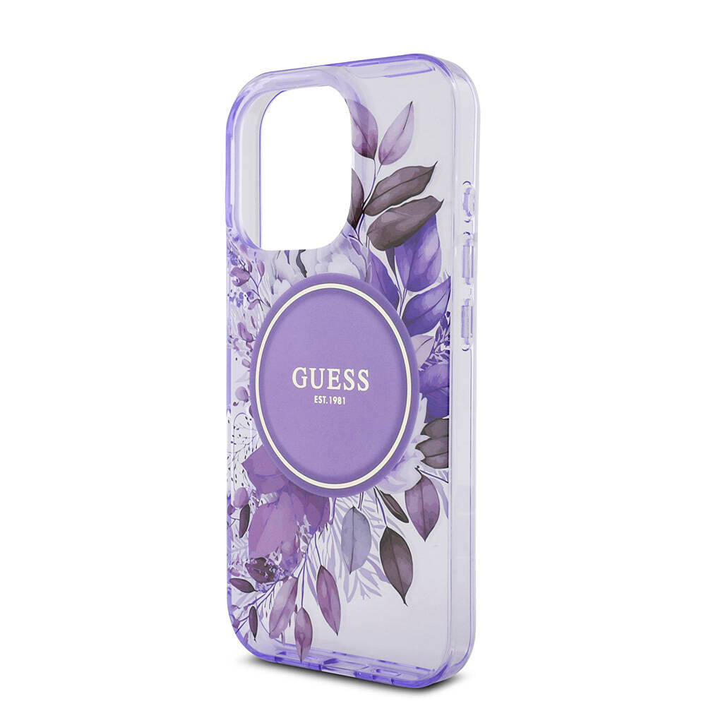 Apple iPhone 16 Pro Max Kılıf Guess Orjinal Lisanslı M-safe Şarj Özellikli IML Baskılı Çiçek İnci Bileklikli Kapak Pembe