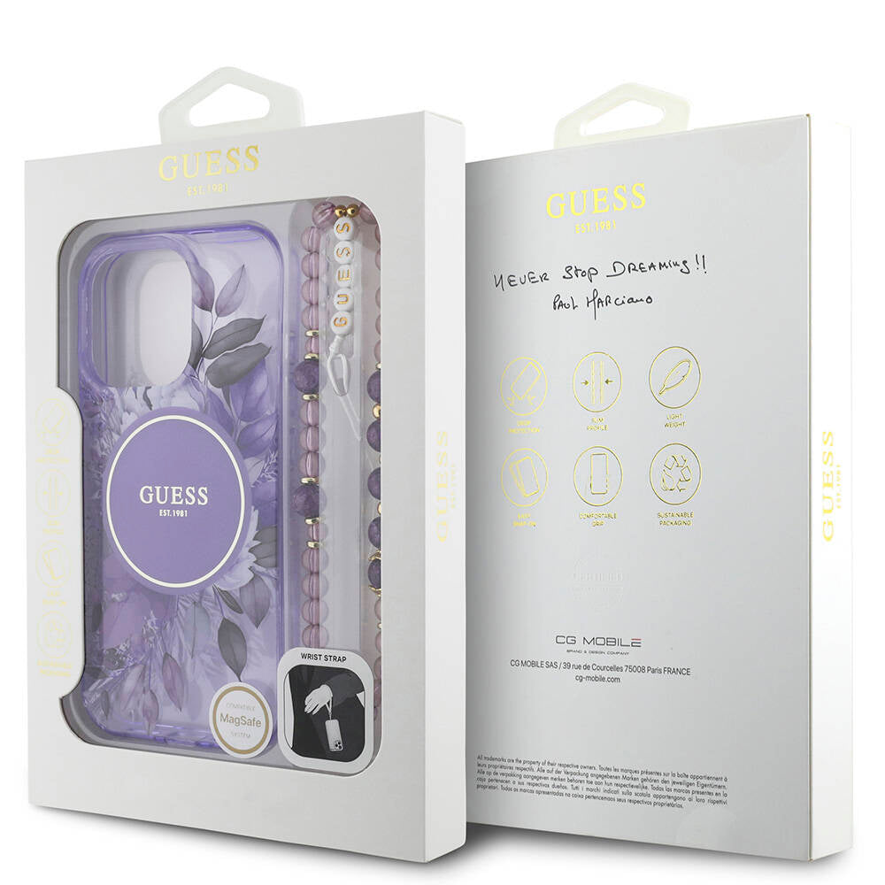 Apple iPhone 16 Pro Max Kılıf Guess Orjinal Lisanslı M-safe Şarj Özellikli IML Baskılı Çiçek İnci Bileklikli Kapak Pembe