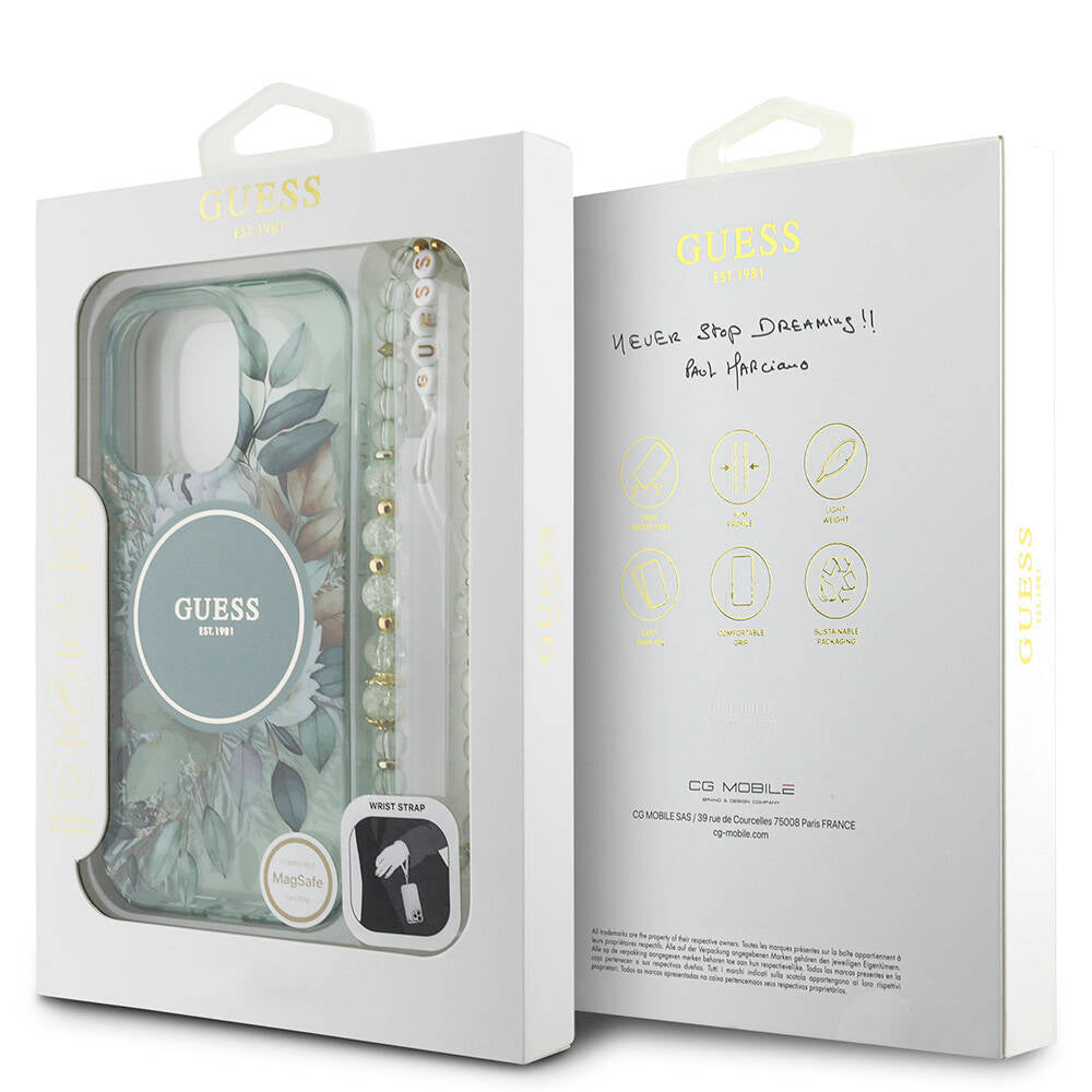 Apple iPhone 16 Pro Max Kılıf Guess Orjinal Lisanslı M-safe Şarj Özellikli IML Baskılı Çiçek İnci Bileklikli Kapak Yeşil