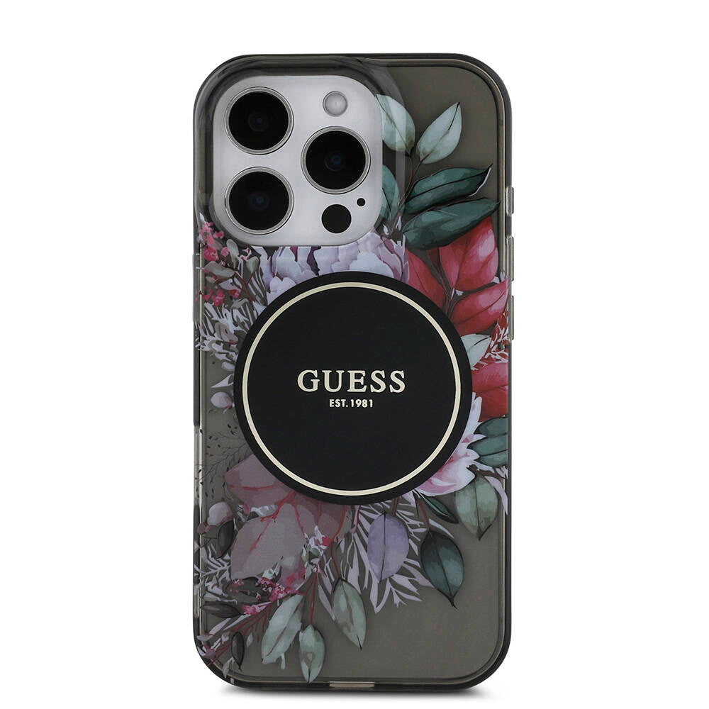 Apple iPhone 16 Pro Max Kılıf Guess Orjinal Lisanslı M-safe Şarj Özellikli IML Baskılı Çiçek İnci Bileklikli Kapak Pembe