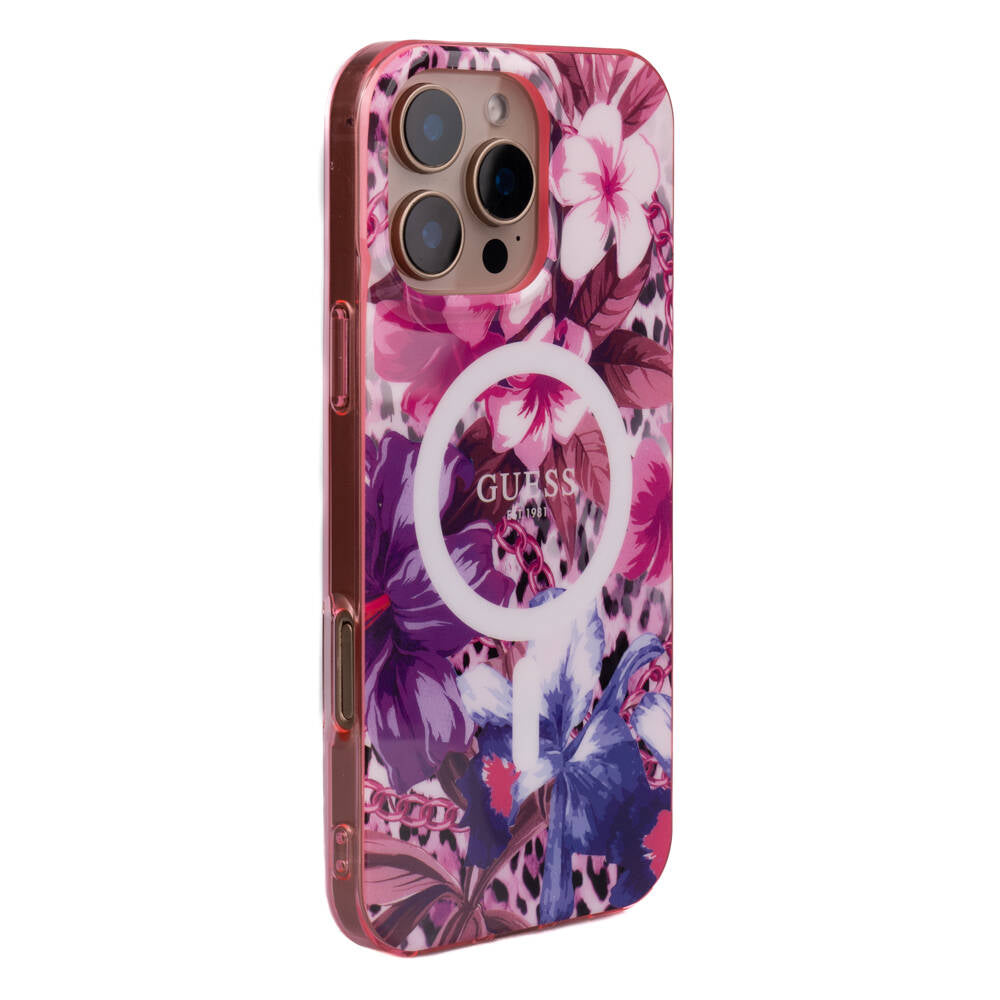 Apple iPhone 16 Pro Max Kılıf Guess Orjinal Lisanslı M-safe Şarj Özellikli IML Baskılı Jungle Ring Kapak Mor