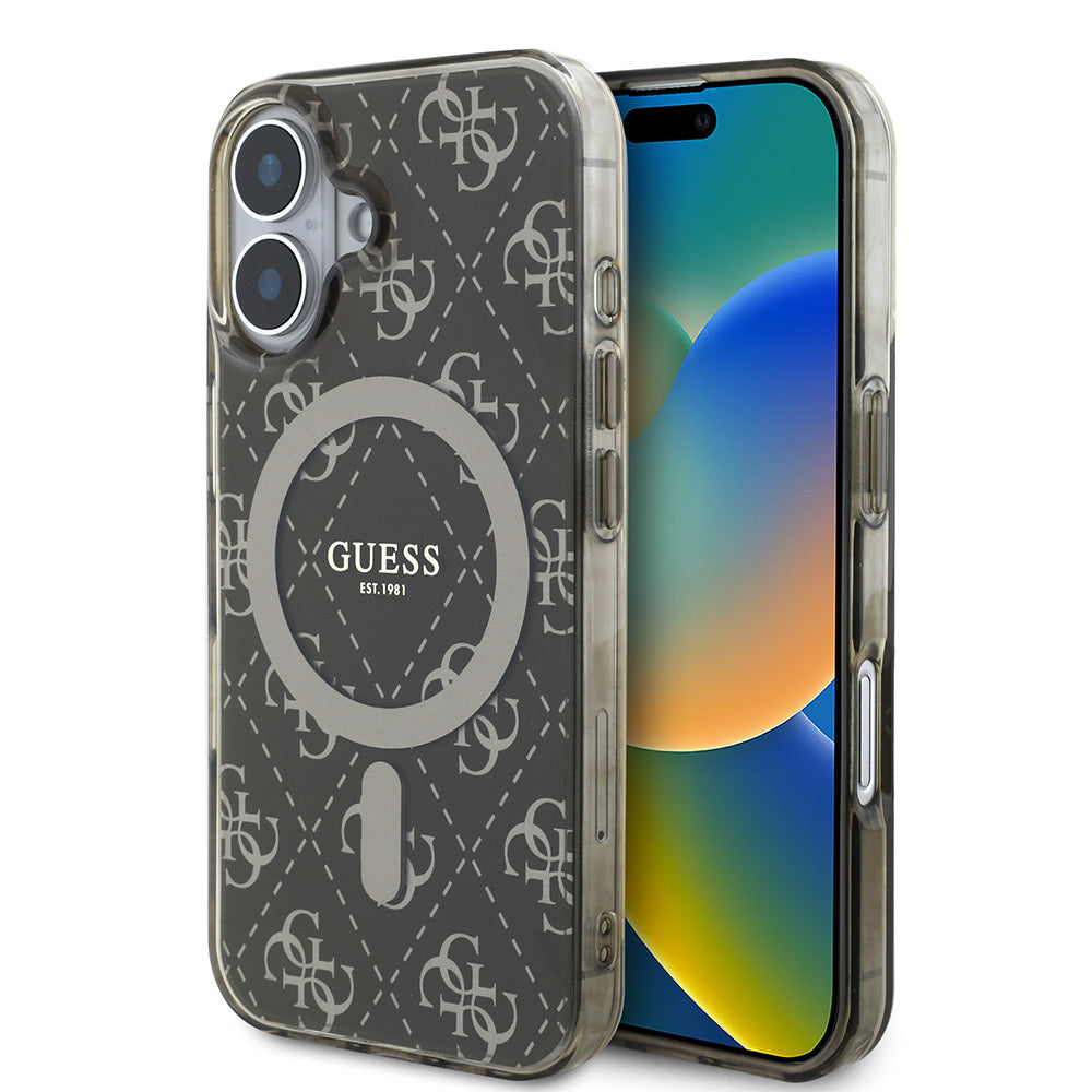Apple iPhone 16 Pro Max Kılıf Guess Orjinal Lisanslı M-safe Şarj Özellikli IML Baskılı Klasik Logolu 4G Desenli Kapak Kahverengi