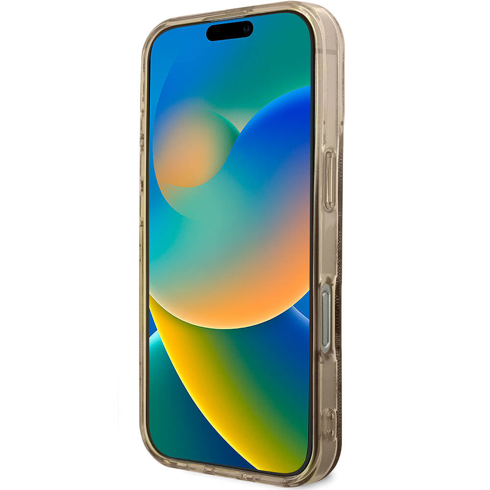 Apple iPhone 16 Pro Max Kılıf Guess Orjinal Lisanslı M-safe Şarj Özellikli IML Peony ve 4G Desenli Klasik Logolu Kapak Kahverengi