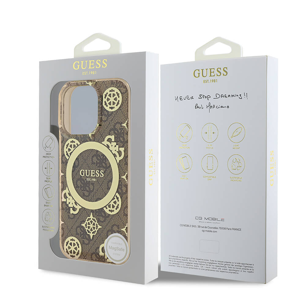 Apple iPhone 16 Pro Max Kılıf Guess Orjinal Lisanslı M-safe Şarj Özellikli IML Peony ve 4G Desenli Klasik Logolu Kapak Pembe