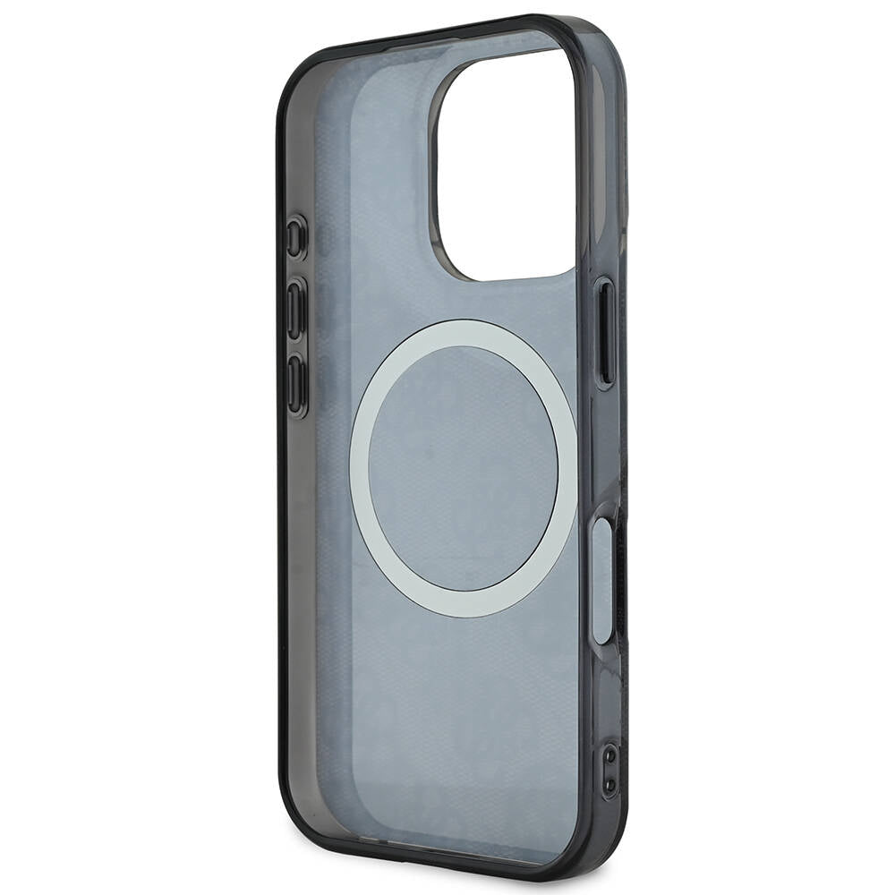 Apple iPhone 16 Pro Max Kılıf Guess Orjinal Lisanslı M-safe Şarj Özellikli IML Peony ve 4G Desenli Klasik Logolu Kapak Kahverengi