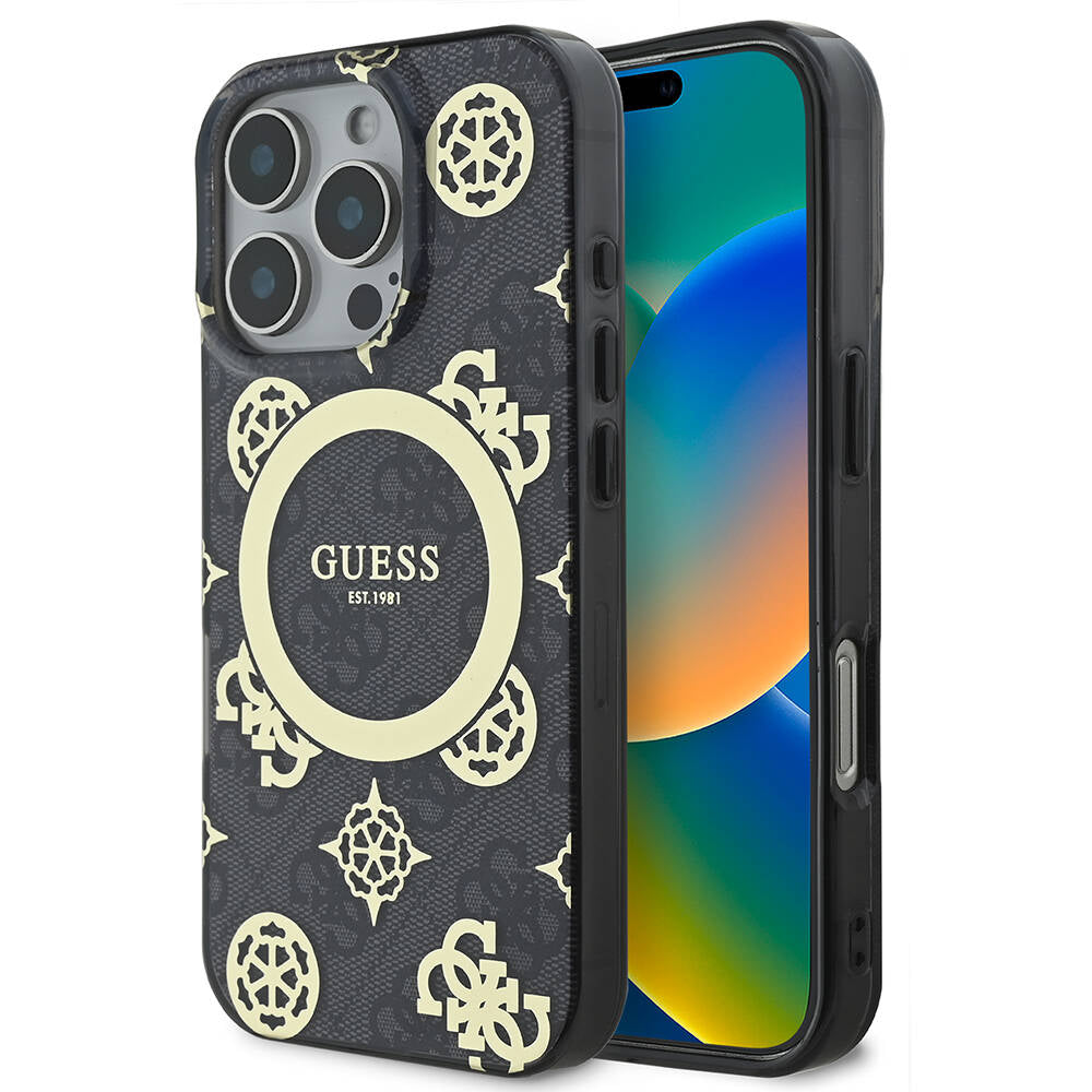 Apple iPhone 16 Pro Max Kılıf Guess Orjinal Lisanslı M-safe Şarj Özellikli IML Peony ve 4G Desenli Klasik Logolu Kapak Pembe
