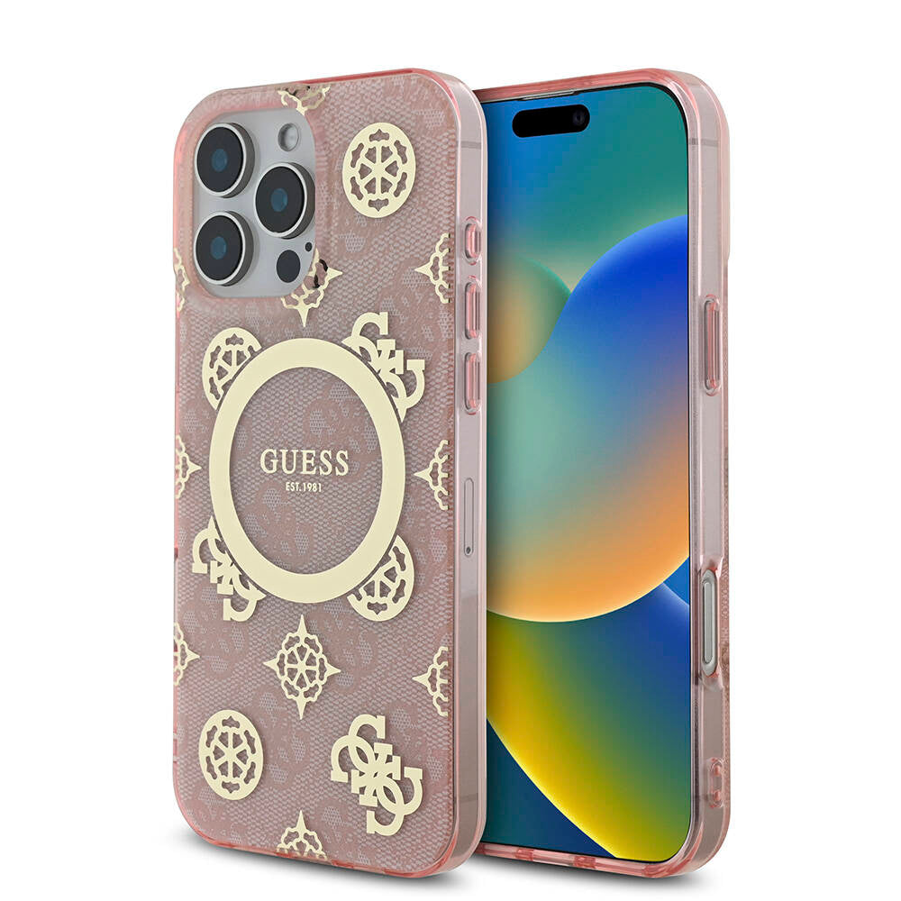 Apple iPhone 16 Pro Max Kılıf Guess Orjinal Lisanslı M-safe Şarj Özellikli IML Peony ve 4G Desenli Klasik Logolu Kapak Kahverengi