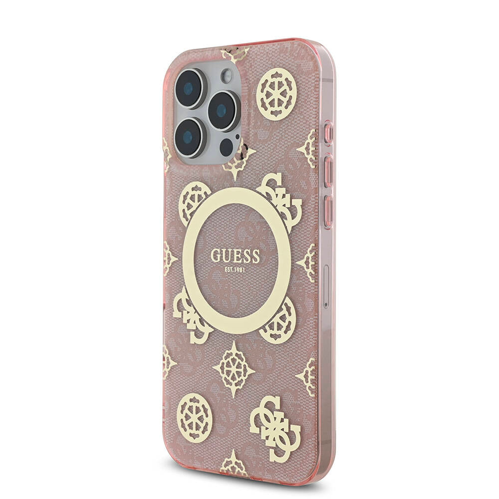 Apple iPhone 16 Pro Max Kılıf Guess Orjinal Lisanslı M-safe Şarj Özellikli IML Peony ve 4G Desenli Klasik Logolu Kapak Pembe