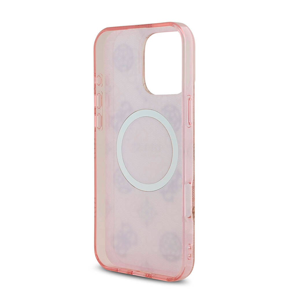 Apple iPhone 16 Pro Max Kılıf Guess Orjinal Lisanslı M-safe Şarj Özellikli IML Peony ve 4G Desenli Klasik Logolu Kapak Siyah