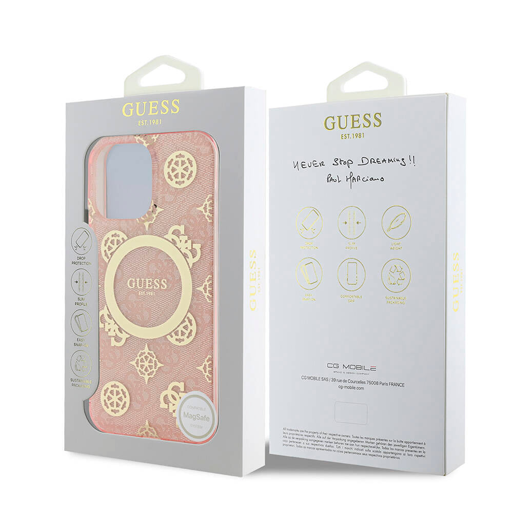 Apple iPhone 16 Pro Max Kılıf Guess Orjinal Lisanslı M-safe Şarj Özellikli IML Peony ve 4G Desenli Klasik Logolu Kapak Pembe