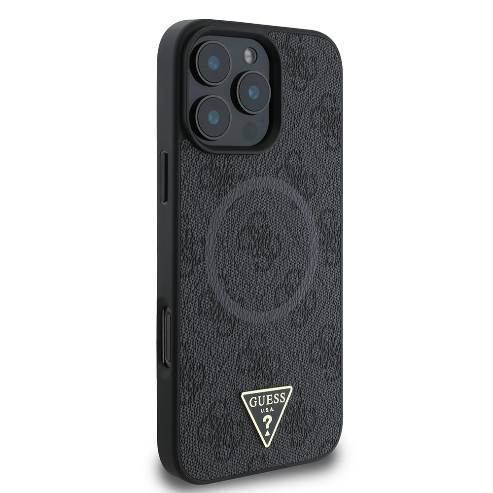 Apple iPhone 16 Pro Max Kılıf Guess Orjinal Lisanslı M-safe Şarj Özellikli PU Üçgen Logo 4G Desenli Kapak Kahverengi