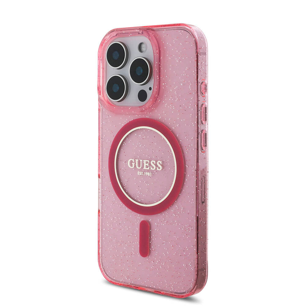 Apple iPhone 16 Pro Max Kılıf Guess Orjinal Lisanslı M-safe Şarj Özellikli Simli Silikon İnci Bileklikli Kapak Pembe