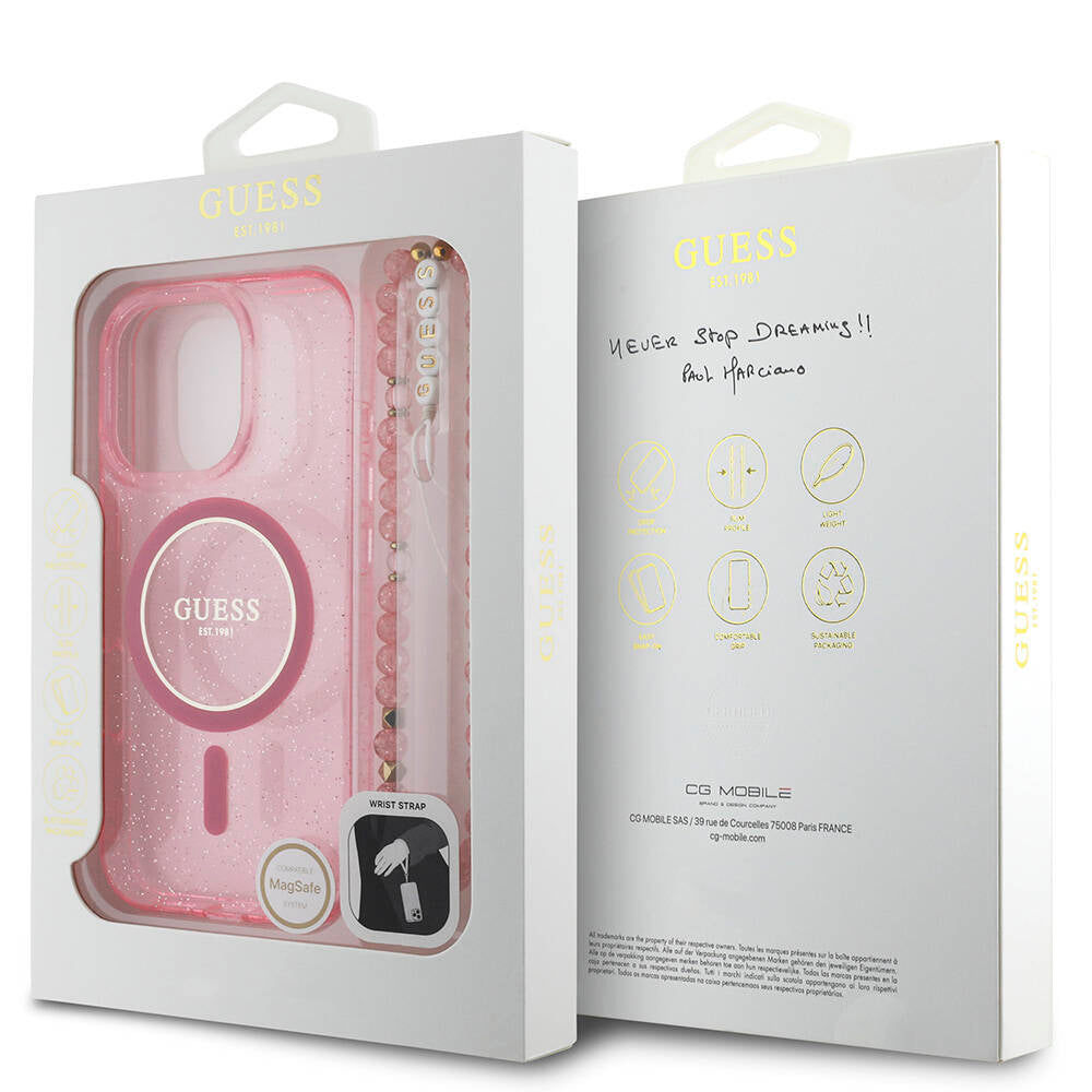 Apple iPhone 16 Pro Max Kılıf Guess Orjinal Lisanslı M-safe Şarj Özellikli Simli Silikon İnci Bileklikli Kapak Pembe